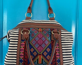 Vintage Pre-Owned MMS Aztec Canvas and Leather Twin Handle Handbag, BoHo Style Black & White Stripe Satchel