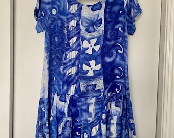 Vintage Jams Plumeria Dress, Blue & White Hawaiian Print, Size Med