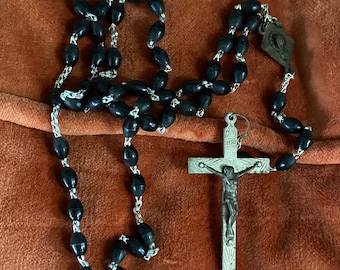 Genuine GenuineAntique Black Beads, Silver Rosary from Italy, Handmade w/ Plastic Beads and Jesus on the Cross