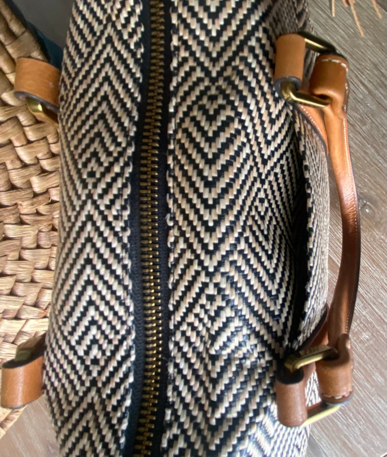 Vintage Fossil Dr Bag, Kendall, Tan Leather, Textile Woven, Satchel Bag, Dark Brown & Tan Herringbone w/ Leather Handbag image 5