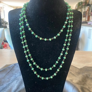 Vintage Green Malachite Simi Precious Stone Extra Long 56&quot; Necklace, Hexagon Cut Stones on a Vintage Metel Chain, Beautiful Color & Stunning