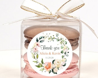 10 Sets of floral wreath wedding favors clear macaron box packaging, custom wedding favor box stickers, unique wedding party favors