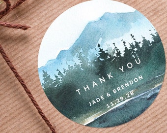 Round Mountain forest thank you personalized stickers, thank you labels, gift labels, landscape sticker for wedding, wedding invite sticker