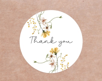 Thank you gift labels with wildflowers drawing, floral circle thank you stickers, business labels,  wedding invite label, round 2" labels