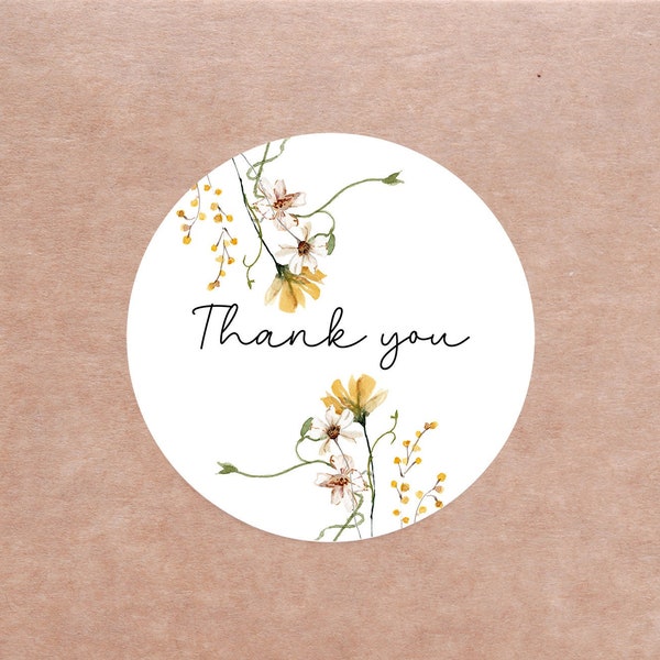 Thank you gift labels with wildflowers drawing, floral circle thank you stickers, business labels,  wedding invite label, round 2" labels