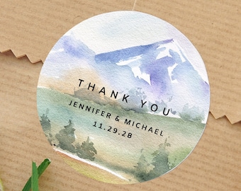 Round mountain scenery thank you personalized stickers, thank you labels, gift labels, landscape sticker for wedding, wedding invite sticker