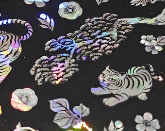 2 Korean Minhwa Iridescent Sticker, Tiger Floral Knot Journaling Scrapbook hologram labels