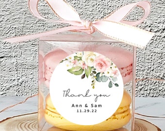 10 Sets of rose wedding clear macaron box ribbon label sets, macaroon packaging baby shower bridal shower favor candy box  cookie box