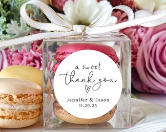 10 Sets of a sweet thank you wedding favors clear macaron box ribbon label set, personalized wedding favor box, bridal favors baby favors