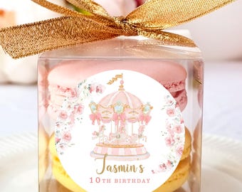 10 Carousel Birthday Favor Box Packaging DIY Kit Sets | Pink Floral Party macaron Favor Packaging for Girls Birthday, Baby Shower