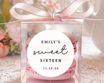 Personalized Sweet 16 Clear Macaron Favor Boxes with Ribbons and Stickers, 10 Sets