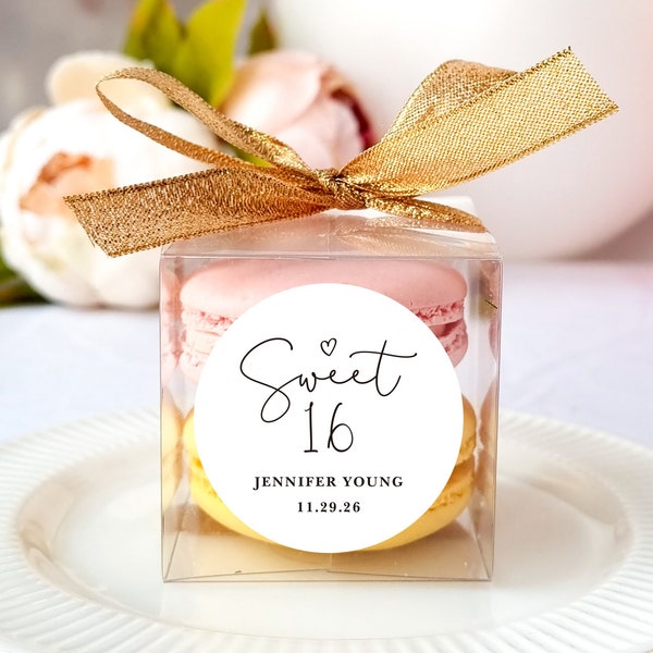 10 Sets of sweet 16 birthday favors clear macaron box ribbon label set, personalized sweet 16, sweet sixteen, 16th birthday