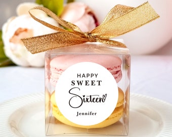 10 Sets of sweet 16 birthday favors clear macaron box ribbon label set, personalized sweet 16, sweet sixteen, 16th birthday