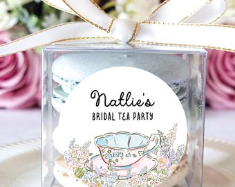 Bridal Tea Party Favor Box DIY Kit | Clear Macaron Box with Ribbon & Personalized Floral Sticker | Elegant Bridal Shower Decor