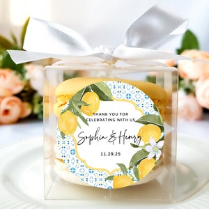 10 Sets of lemon wedding favor macaron box ribbon  personalized sticker sets, mediterranean wedding