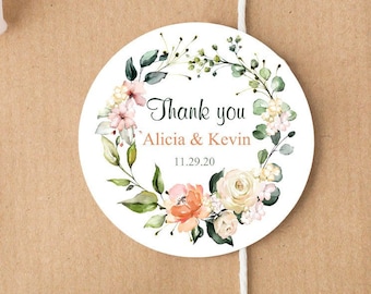 Floral wreath round stickers, thank you sticker, bridal shower, wedding favor sticker, custom sticker, baby shower, personalize sticker