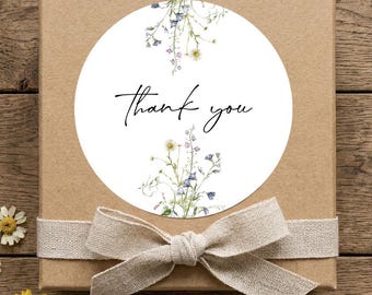 Pegatinas redondas personalizadas con diseño de flores silvestres en acuarela para cajas de regalo, bolsas y sobres.