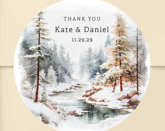 Winter Wedding Thank You Stickers: Personalized Snowy Forest Labels