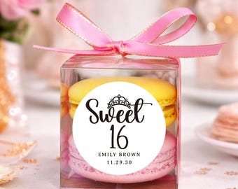 Sweet 16 Tiara Birthday Macaron Favor DIY Packaging, Sixteen Party Boxes Ribbon Label Set