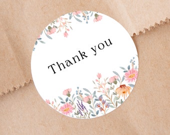 Thank you gift labels with wildflowers drawing, floral circle thank you stickers, business labels,  wedding invite label, round 2" labels