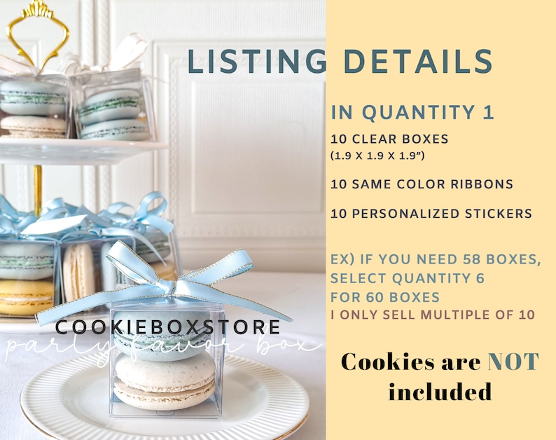 May include: A set of 10 clear favor boxes, each measuring 1.9 inches by 1.9 inches by 1.9 inches. The boxes are decorated with blue ribbons and personalized stickers. The text "COOKIEBOXSTORE party favor box" is visible in the image. Cookies are not included.