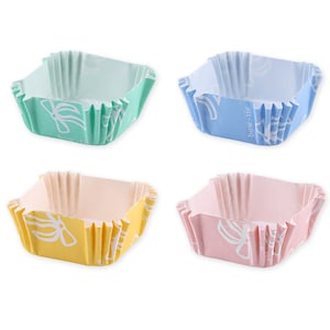 May include: Four square baking cups with a bow-tie design. The cups are in green, blue, yellow, and pink.