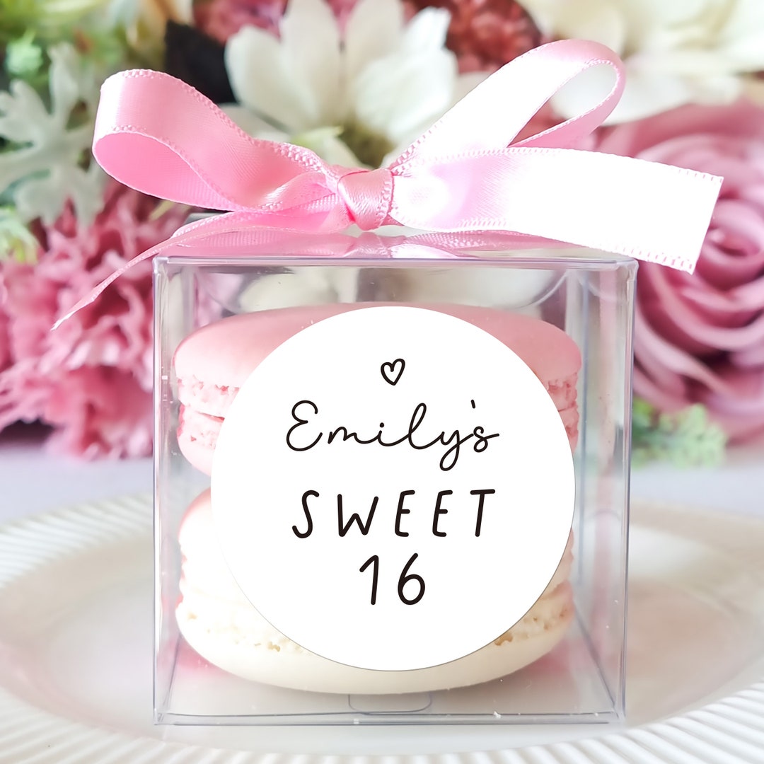 10 Sets of Sweet 16 Birthday Favors Clear Macaron Box Ribbon Label Set