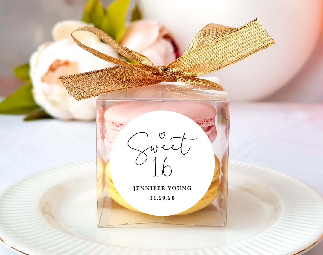 10 Sets of Sweet 16 Birthday Favors Clear Macaron Box Ribbon Label Set