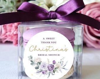Kit de caja de regalo transparente personalizada con cintas y pegatinas florales moradas para bodas, cumpleaños de bebés y novias.