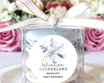 Winter ONEderland Birthday Favor Set – Clear Macaron Boxes with Ribbon & Personalized Stickers, First Birthday Party