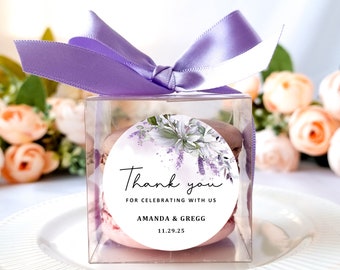 10 Sets of lavender wedding favors clear macaron box ribbon label set, personalized wedding favor box, bridal shower, baby shower, lilac