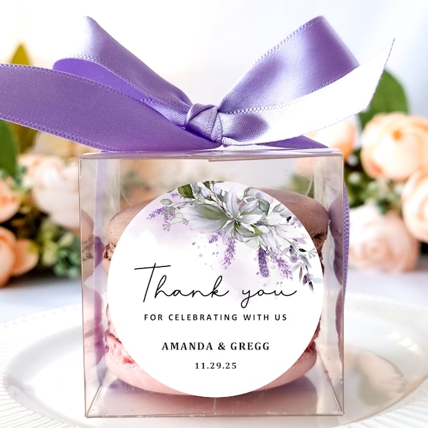 10 Sets of lavender wedding favors clear macaron box ribbon label set, personalized wedding favor box, bridal shower, baby shower, lilac