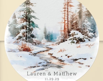 Winter Wedding Thank You Stickers | Personalized Snowy Forest Paper Stickers | Custom Name Labels for Wedding Favors | Rustic Winter Theme