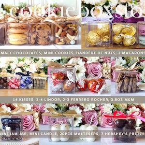 May include: Assortment of small gift boxes filled with various treats, including chocolates, cookies, nuts, macarons, and candies. The boxes are tied with gold ribbon and arranged on a table with pink and white flowers. The text "SMALL CHOCOLATES, MINI COOKIES, HANDFUL OF NUTS, 2 MACARONS" is displayed below the top row of boxes. The text "14 KISSES, 3-4 LINDOR, 2-3 FERRERO ROCHER, 3.8OZ M&M" is displayed below the middle row of boxes. The text "MINI JAM JAR, MINI CANDLE, 20PCS MALTESERS, 7 HERSHEY'S PRETZELS" is displayed below the bottom row of boxes.