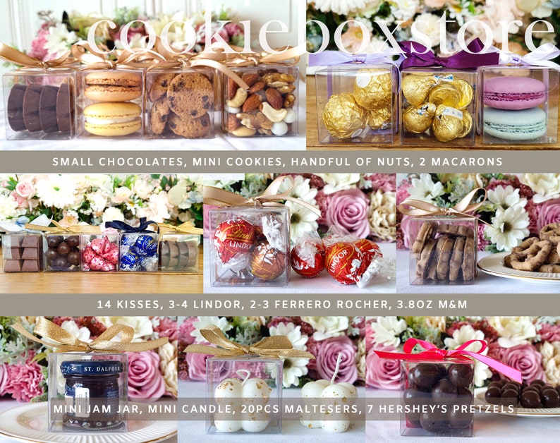 May include: Assortment of small gift boxes filled with various treats, including chocolates, cookies, nuts, macarons, and candies. The boxes are tied with gold ribbon and arranged on a table with pink and white flowers. The text "SMALL CHOCOLATES, MINI COOKIES, HANDFUL OF NUTS, 2 MACARONS" is displayed below the top row of boxes. The text "14 KISSES, 3-4 LINDOR, 2-3 FERRERO ROCHER, 3.8OZ M&M" is displayed below the middle row of boxes. The text "MINI JAM JAR, MINI CANDLE, 20PCS MALTESERS, 7 HERSHEY'S PRETZELS" is displayed below the bottom row of boxes.