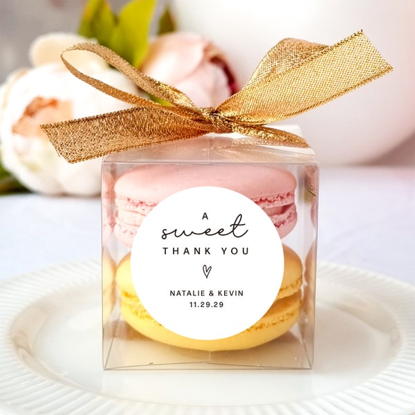 10 Sets of a sweet thank you wedding favors clear macaron box ribbon label set, personalized wedding favor box, bridal shower, baby shower