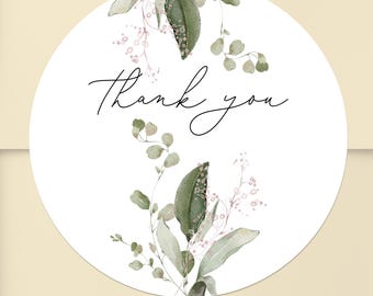 Thank You Sticker, Greenery Floral Round Label, Party Favor Seal