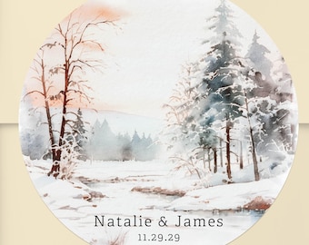 Warm Winter Wedding Thank You Stickers | Personalized Snowy Forest Paper Stickers | Custom Labels for Wedding Favors | Rustic Winter Theme