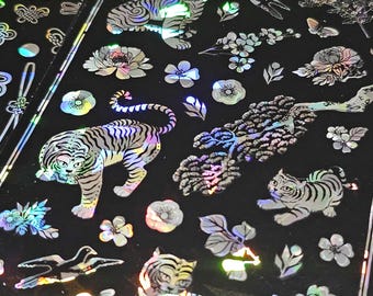 2 pegatinas iridiscentes coreanas Minhwa, etiquetas holográficas para álbumes de recortes con nudo floral de tigre