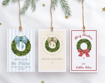 INSTANT | Holiday Wreath and Bows Gift Tags | Preppy Christmas  | Corjl Template