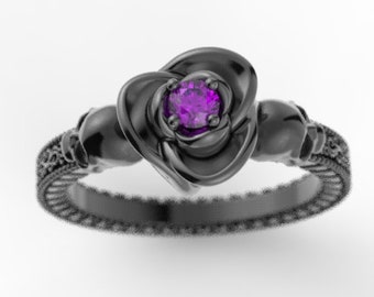 Skull engagement ring, flower rose engagement ring, Gothic engagement ring, alternative engagement ring, black gold engagement ring