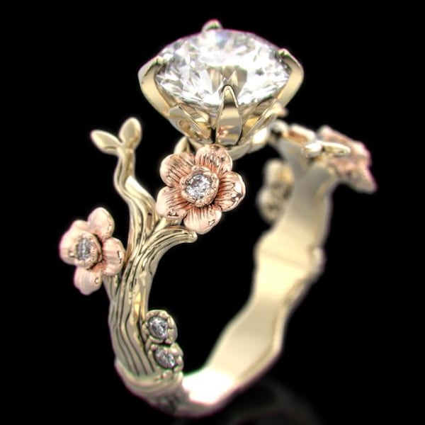 flower engagement ring, cherry blossom engagement ring, rustic engagement ring, twig engagement ring, moissanite, alexandrite,