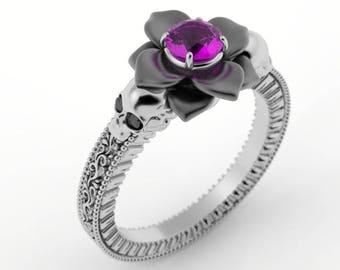 Skull engagement ring, flower engagement ring, Gothic engagement ring, alternative engagement ring, black gold engagement ring