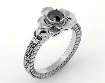 Skull engagement ring, skull flower engagement ring, Gothic engagement ring, vintage skull ring, vintage gothic, black diamond skull ring