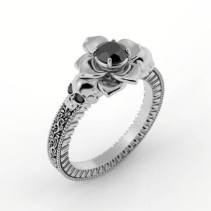 Skull engagement ring, skull flower engagement ring, Gothic engagement ring, vintage skull ring, vintage gothic, black diamond skull ring