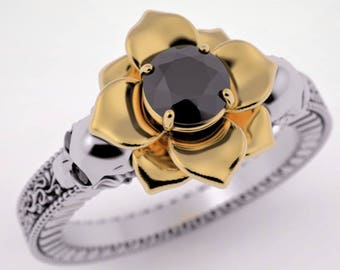 Skull engagement ring, skull flower engagement ring, Gothic engagement ring, vintage skull ring, geek engagement ring, black diamond ring