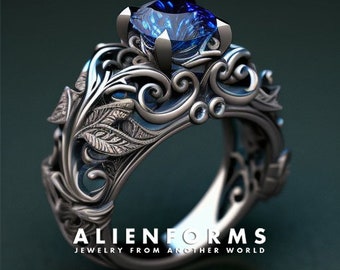 gothic engagement ring, ornamental ring,silver, leaves ring, sapphire ring, non traditional, alternative engagement ring, unique geek ring