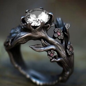 flower engagement ring, cherry blossom engagement ring, leaves organic ring ,twig engagement ring,leaf engagement,  black gold gothic