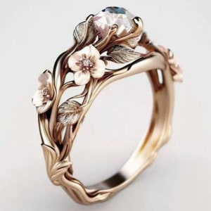 flower engagement ring, cherry blossom engagement ring, zircon engagement ring, twig engagement ring, geek engagement, flower ring image 1