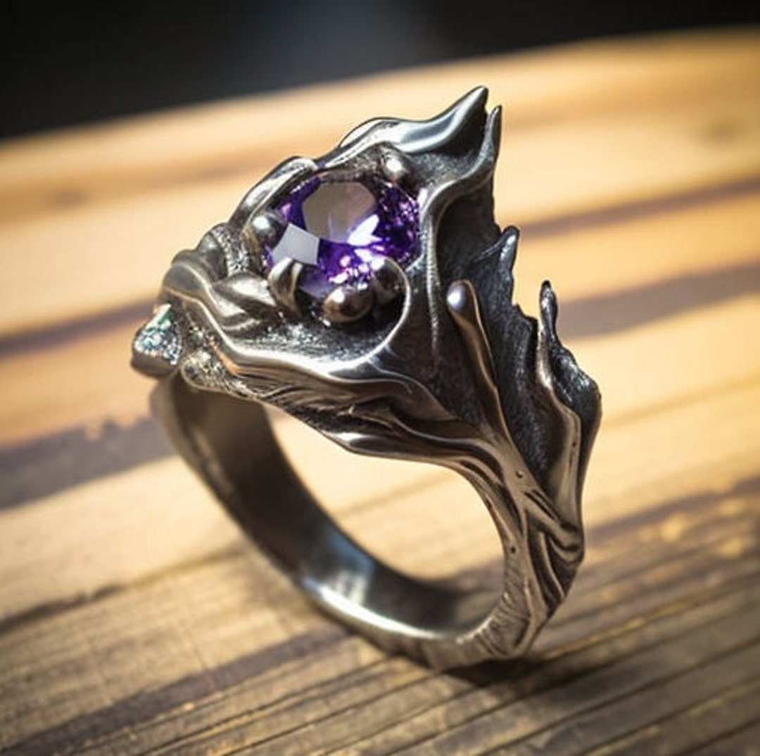 Amethyst Engagement Ring, Non Traditional, Gothic Engagement Ring, Vintage Engagement Ring, Statement Ring, Geek Engagement, Black Gold,dark